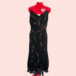 NWT Vintage Black and Pink Floral Beaded Maxi Dress